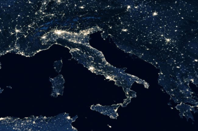 Italy,Top,View,From,Space,At,Night.,Map,Of,Italy