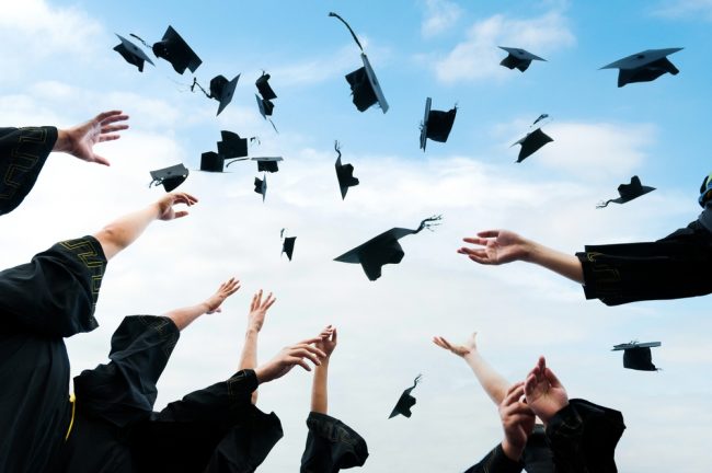 Graduating,Students,Hands,Throwing,Graduation,Caps,In,The,Air.